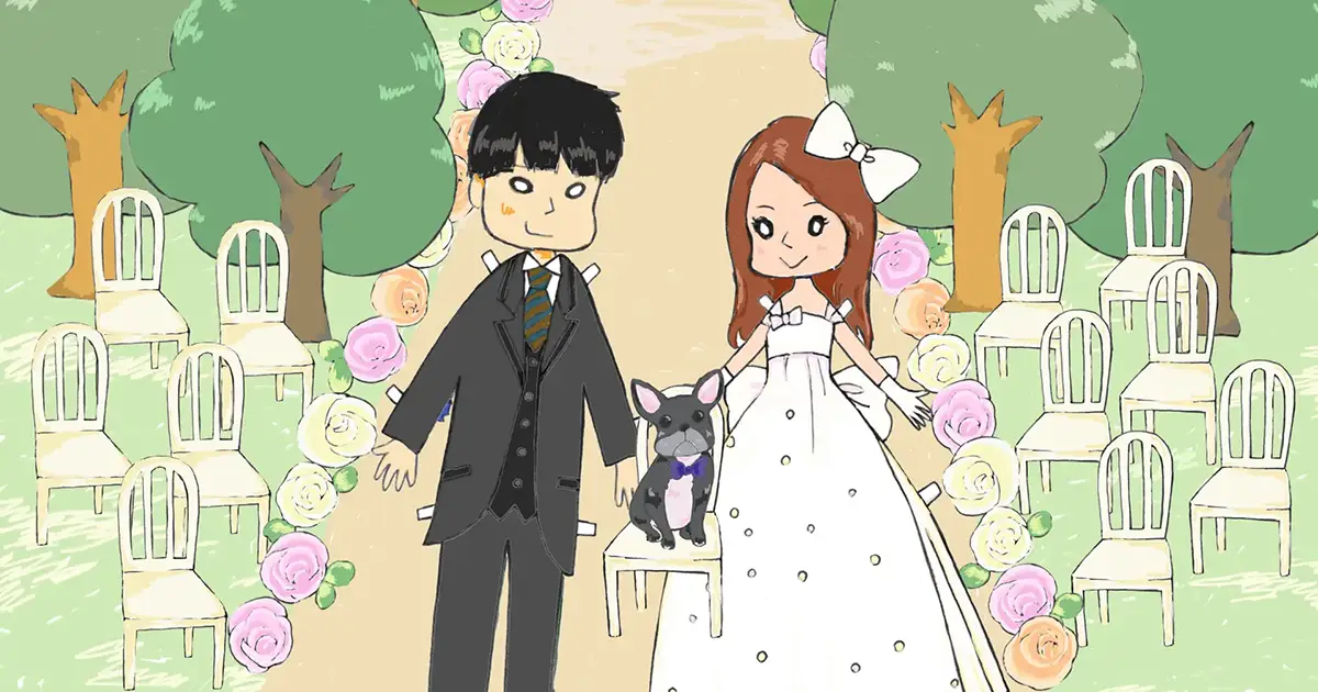 オープニングムービー「風船イス」のキャラクター（新郎新婦とペット）